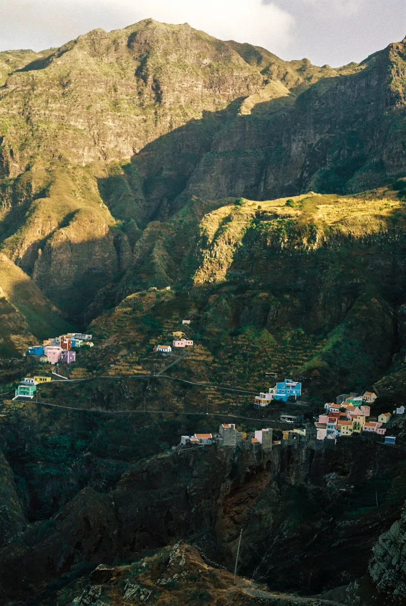 Colourful houses on a ridge in Santo Antão, Cape Verde