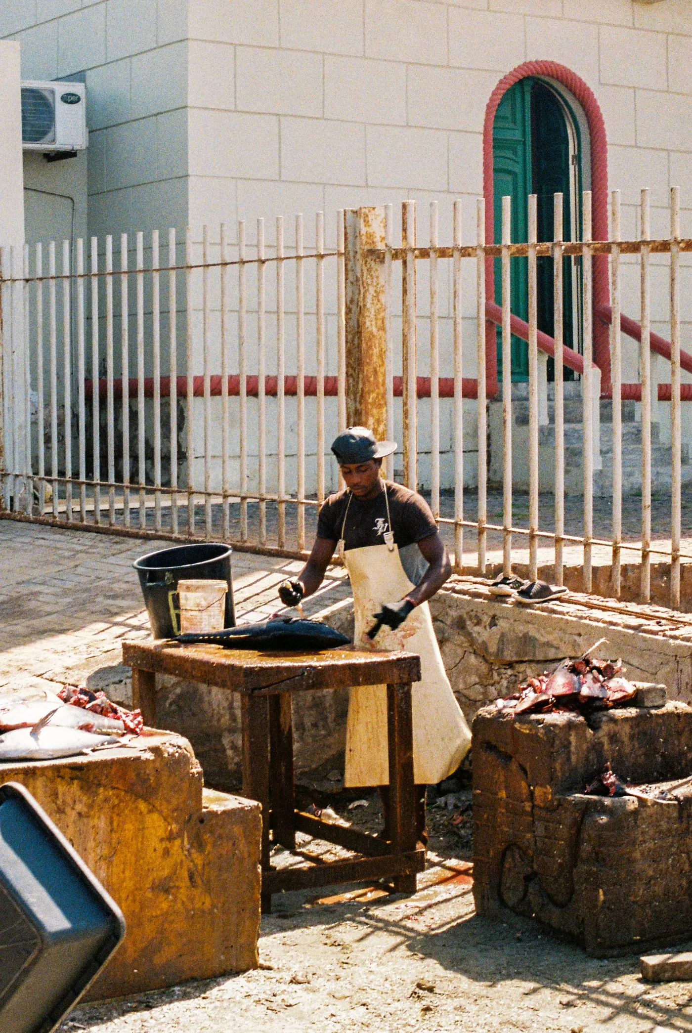 Filleting tuna outside the fish market in Mindelo, São Vicente