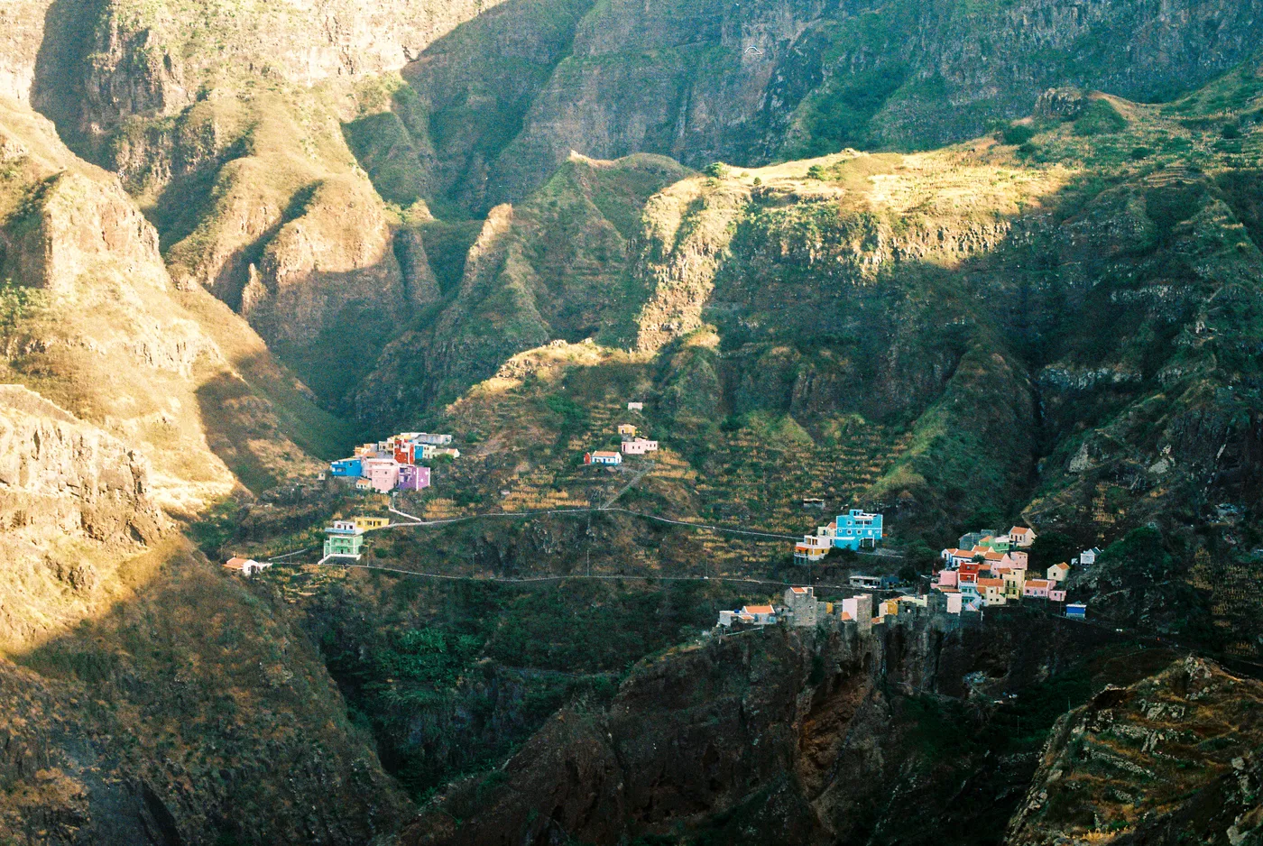 Village perched on a ridge above a deep valley in Santo Antão, Cape Verde