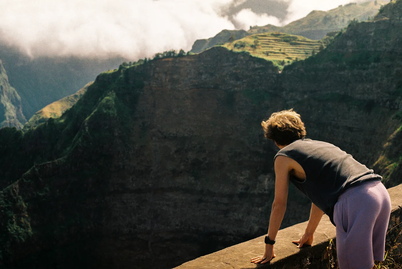 Looking out over a valley from a roadside wall in Santo Antão, Cape Verde